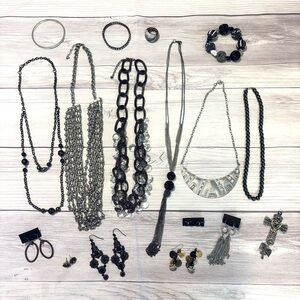 Jewelry Lot of 17 Silver Tone and Black Necklaces Bracelets Earrings Ring